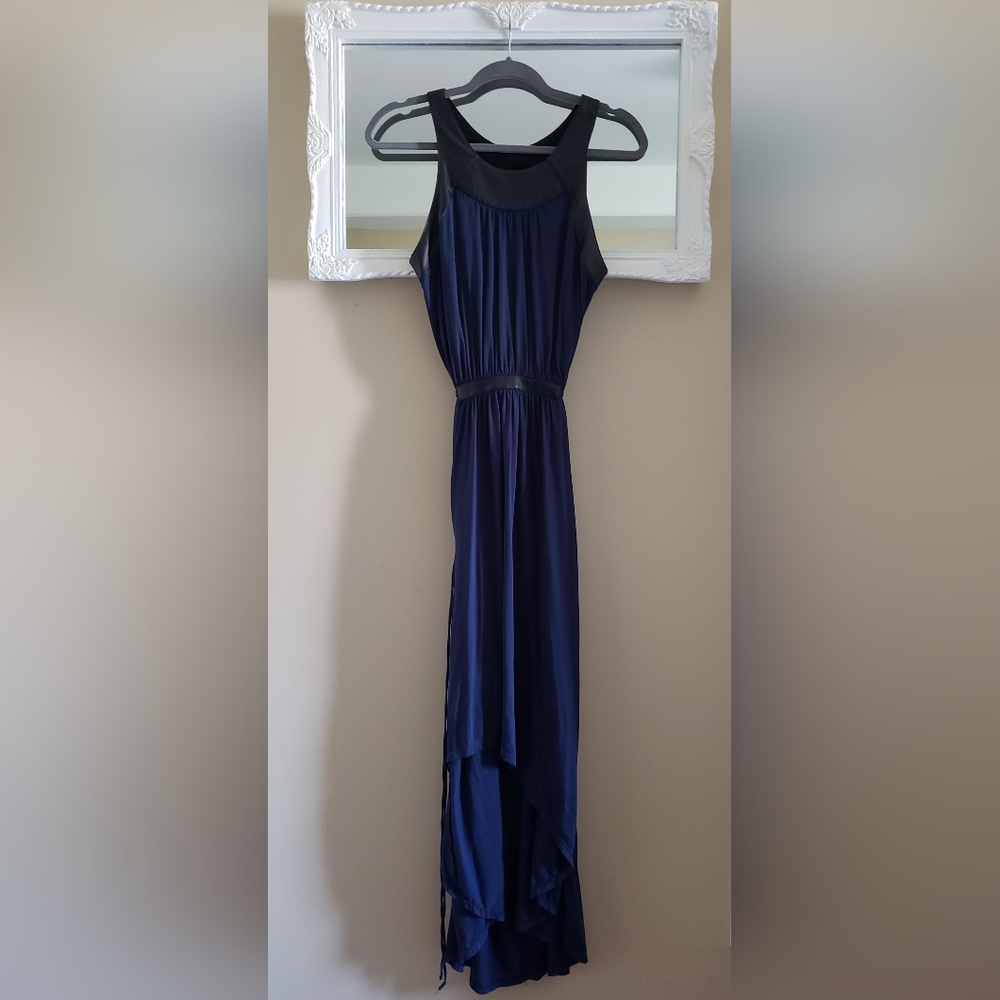 BCBG dress sz Small deep blue w/ black faux leather draped Grecian high-low